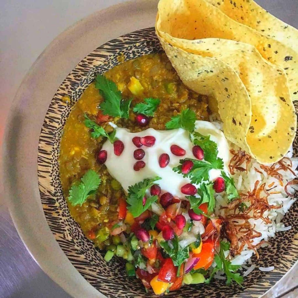 Steamed basmati & coconut curried dahl with roast cauliflower